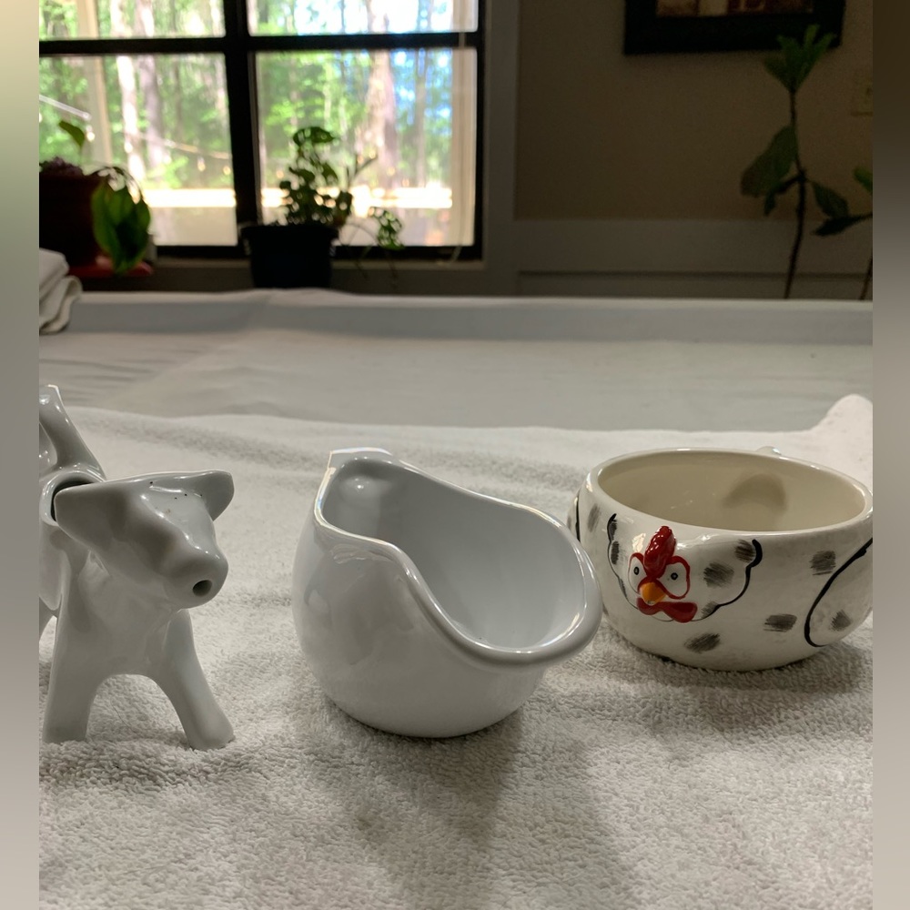 Vintage BIA Cow Creamer Cream Pitcher, gravy boat and hen bowl